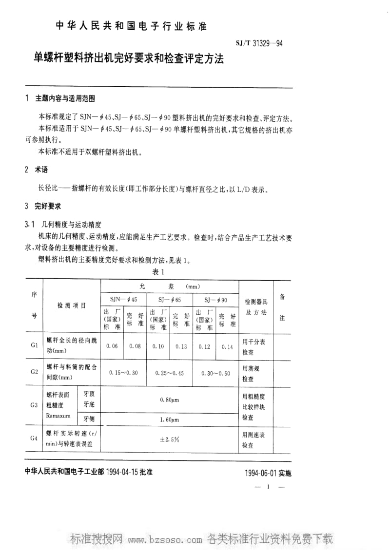 [电子标准]-SJT 31329-1994 单螺杆塑料挤出机完好要求和检查评定方法.pdf_第1页