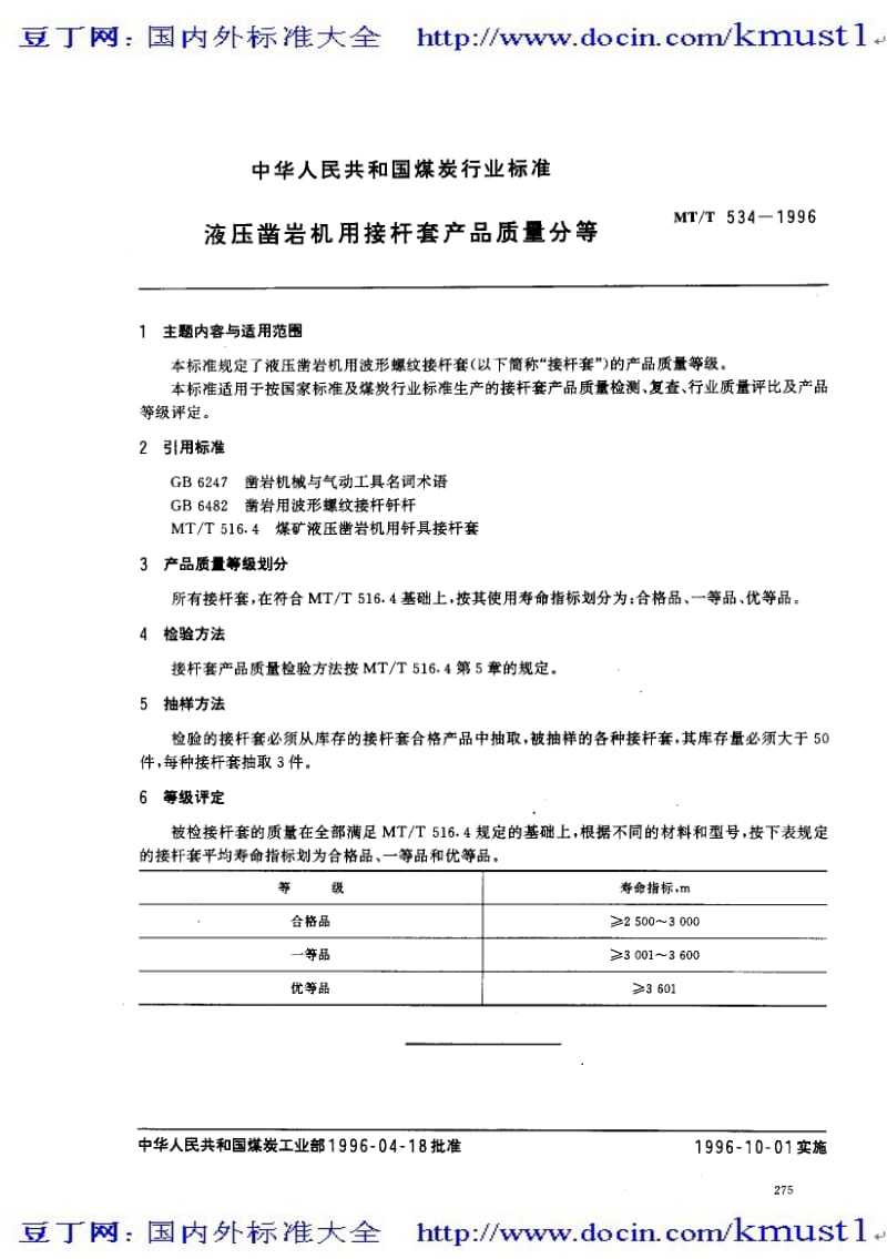 【MT煤炭标准大全】mtt 534-1996 液压凿岩机用接杆套产品质量分等.pdf_第1页