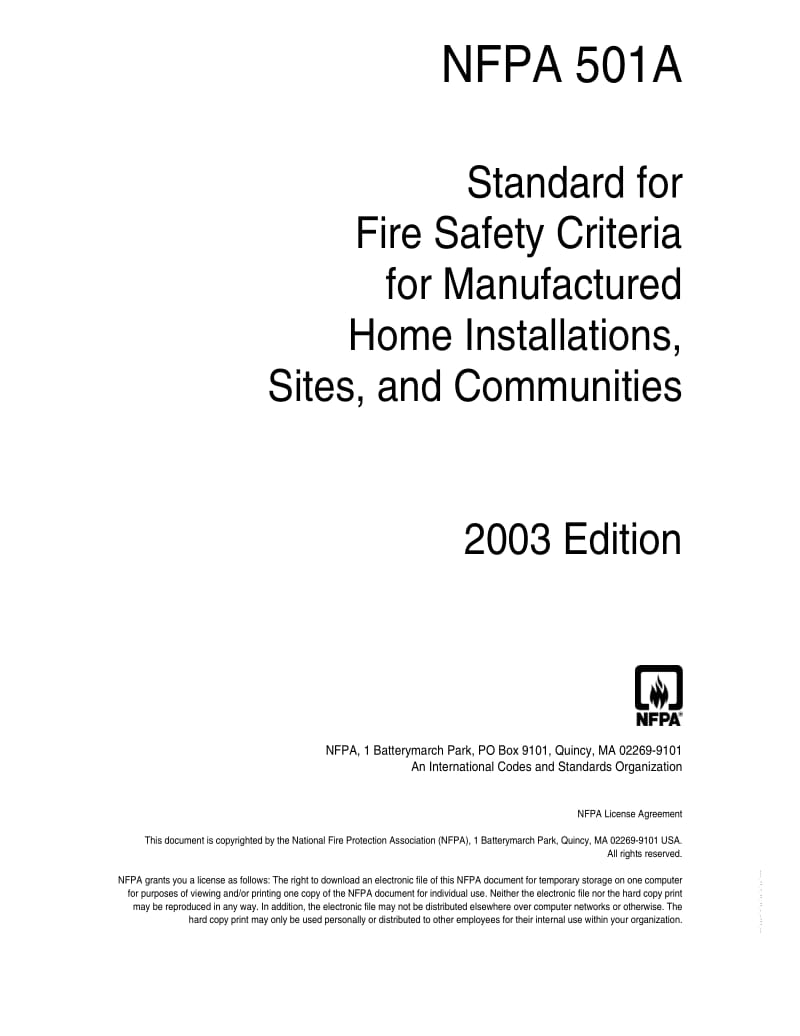 NFPA 501A-2003 Manufactured Home Installations, Sites, and Communities1.pdf_第1页