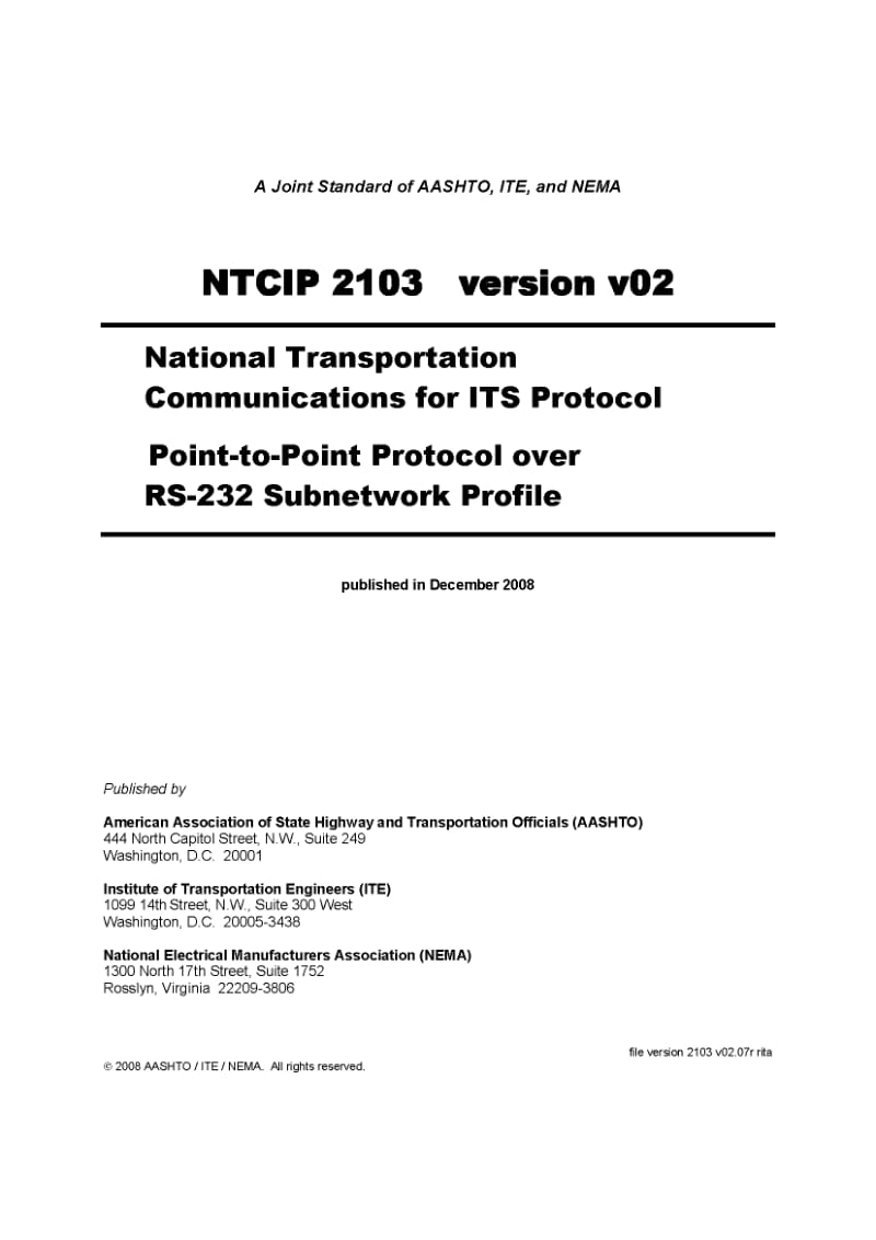 NEMA NTCIP 2103-2008 National Transportation Communications for ITS Protocol Point-to-Point Protocol over RS-232 Subnetwork Profile.pdf_第1页