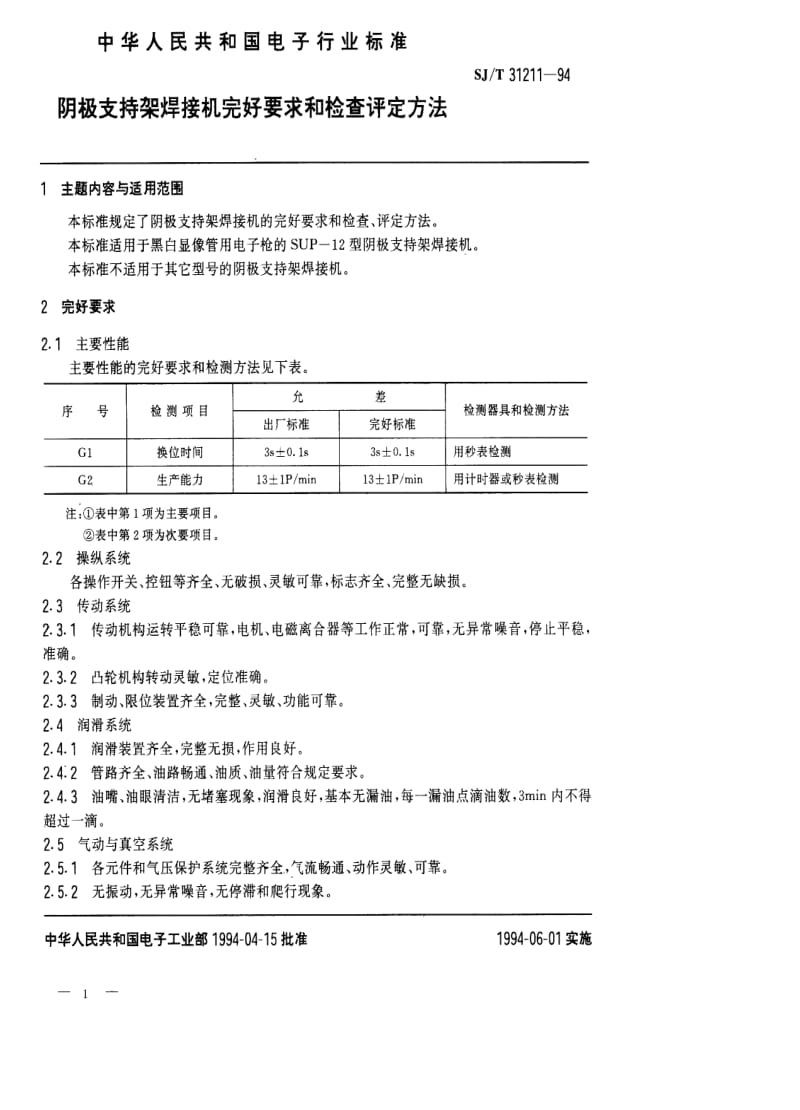 [电子标准]-SJT 31211-1994 阴极支持架焊接机完好要求和检查评定方法.pdf_第1页