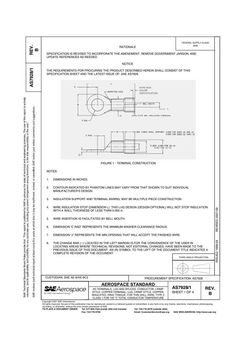 SAE AS 7928-1-2007 (R) terminals, lug and splices, conductor, crimp style, copper terminal, lug,.pdf_第1页