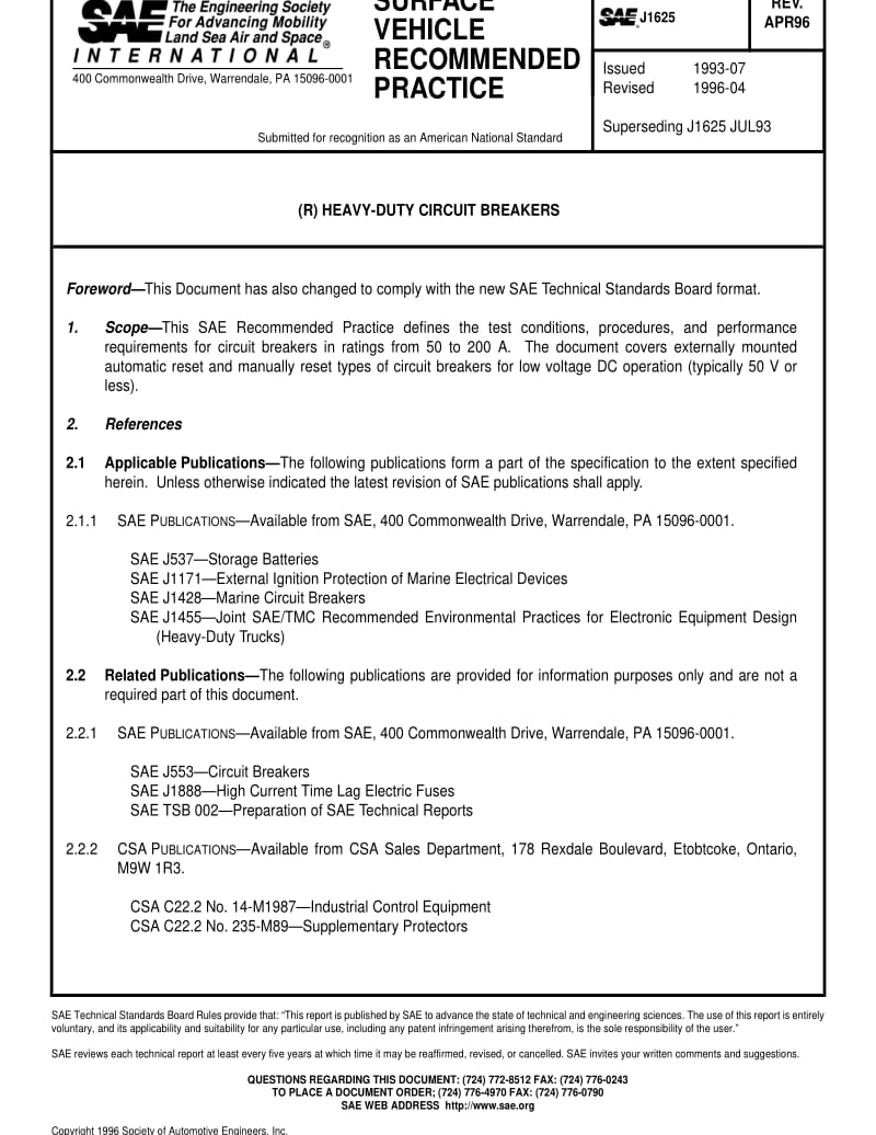 SAE J1625-1996 HEAVY-DUTY CIRCUIT BREAKERS.pdf_第1页