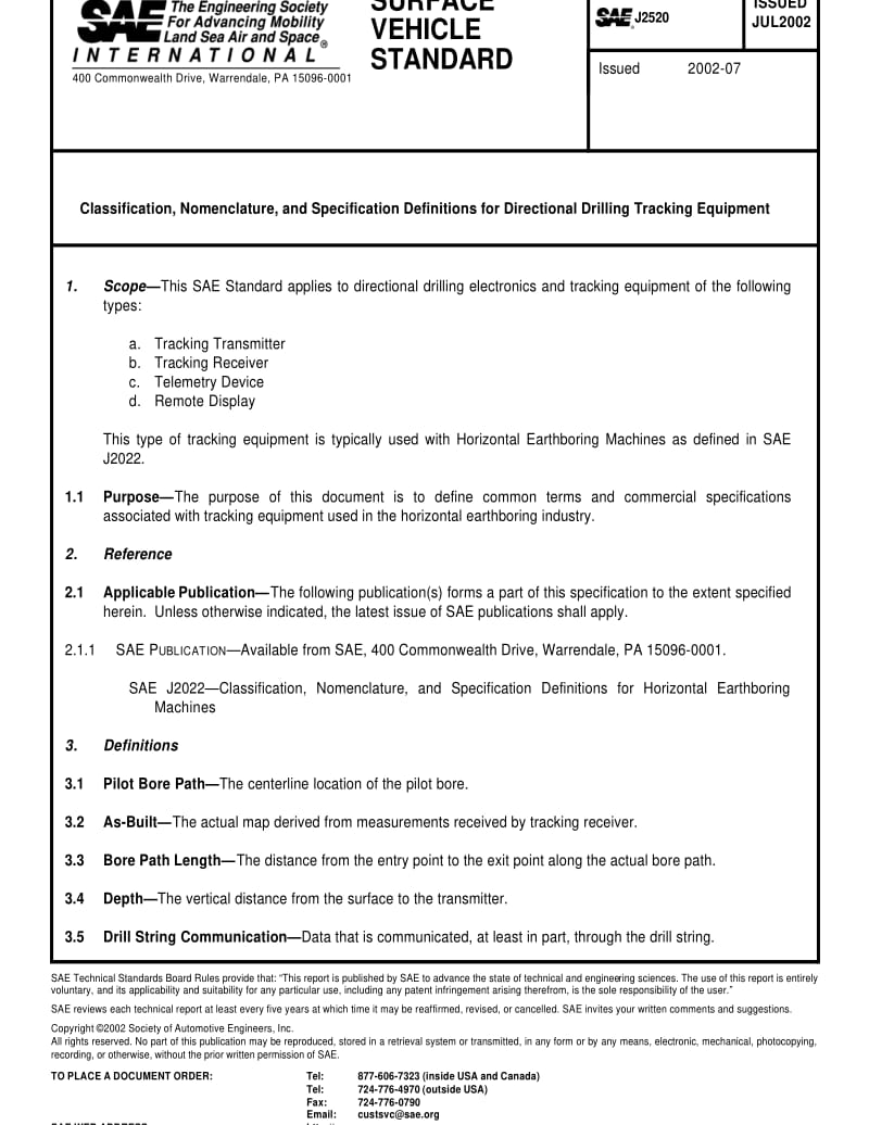 SAE J2520-2002 Classification, Nomenclature, and Specification Definitions for Directional Drilling Tracking Equipment.pdf_第1页