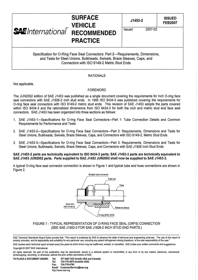 SAE J1453-2-2007 Specification for O-Ring Face Seal Connectors Part 2—Requirements, Dimensions, and Tests for Steel Unions, Bulkheads, Swivels, Braze Sleeves, Caps.pdf_第1页