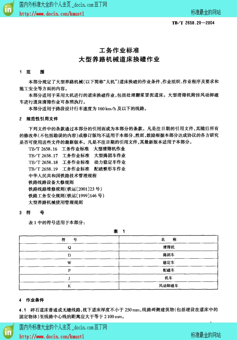 【TB铁路行业标准】TBT 2658.20-2004 工务作业标准 大型养路机械道床换碴作业.pdf_第3页