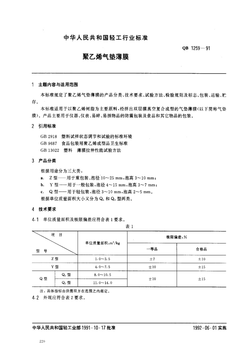 [轻工标准]-QBT 1259-1991 聚乙烯气垫薄膜.pdf_第1页