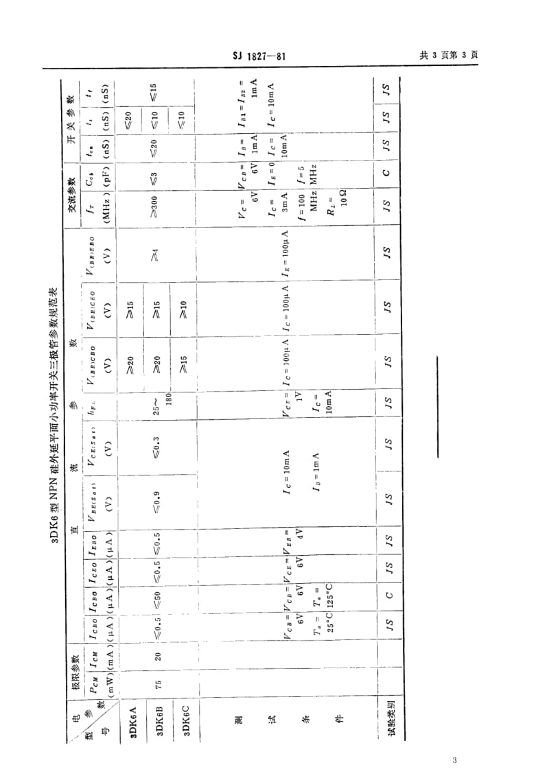 [电子标准]-SJ 1827-1981 ３ＤＫ６型ＮＰＮ硅外延平面小功率开关三极管.pdf_第3页