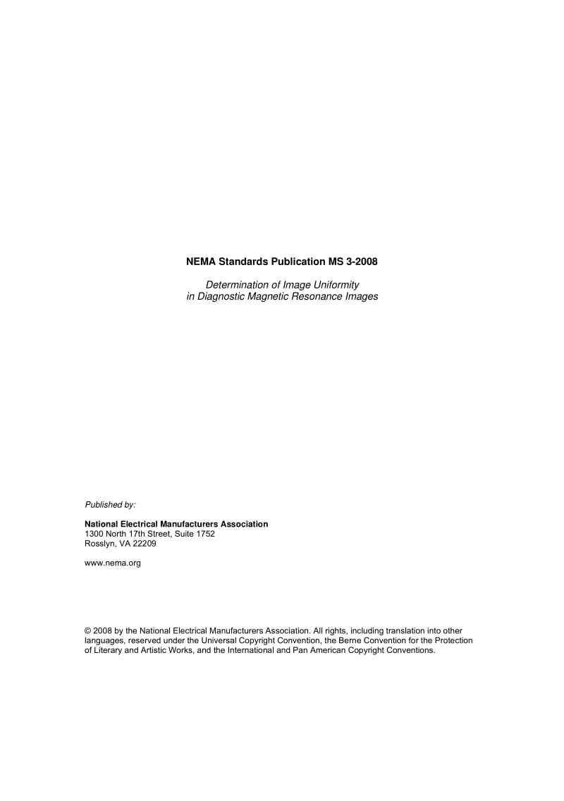 NEMA MS 3-2008 Determination of Image Uniformity in Diagnostic Magnetic Resonance Images.pdf_第1页