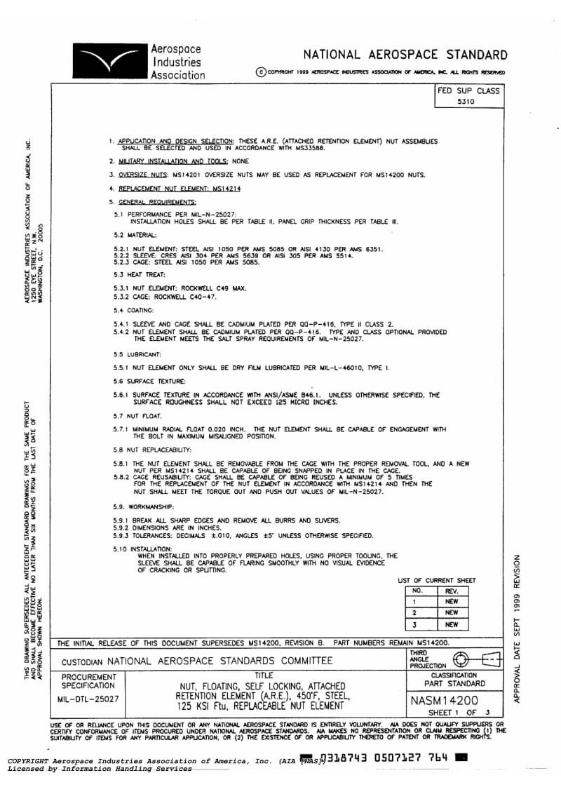 NASM 14200-1999 nut, floating, self locking, attached, retention element (a.r.e.), 450 deg. f, steel, 125 ksi ftu, replaceable nut element.pdf_第2页