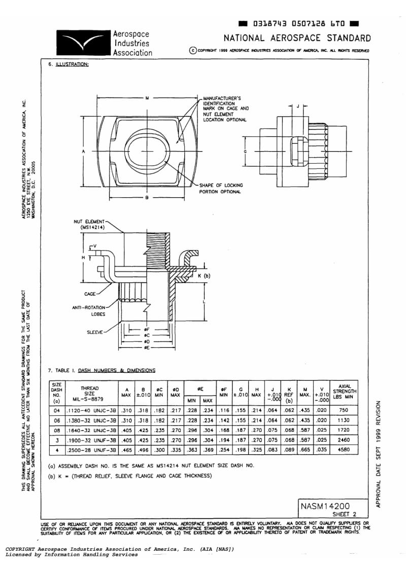 NASM 14200-1999 nut, floating, self locking, attached, retention element (a.r.e.), 450 deg. f, steel, 125 ksi ftu, replaceable nut element.pdf_第3页