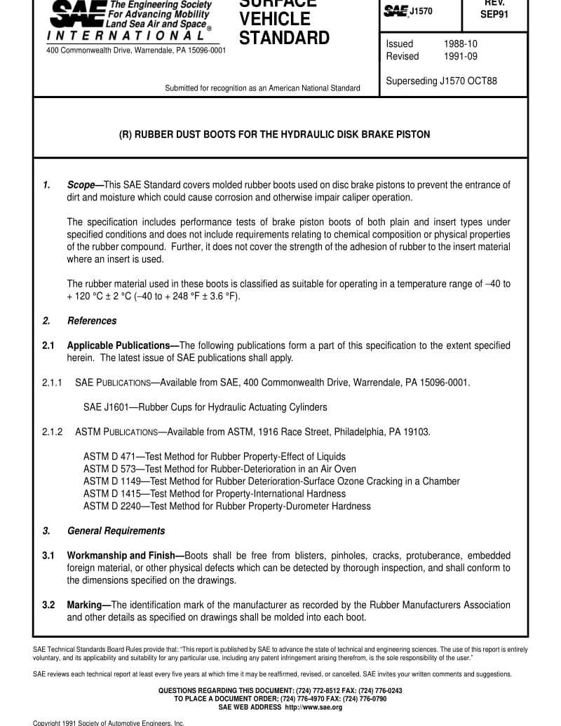 SAE J1570-1991 RUBBER DUST BOOTS FOR THE HYDRAULIC DISK BRAKE PISTON.pdf_第1页