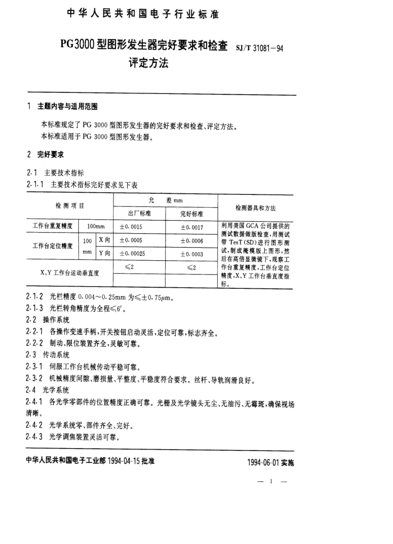 [电子标准]-SJT 31081-1994 PG3000型图形发生器完好要求和检查评定方法.pdf_第1页