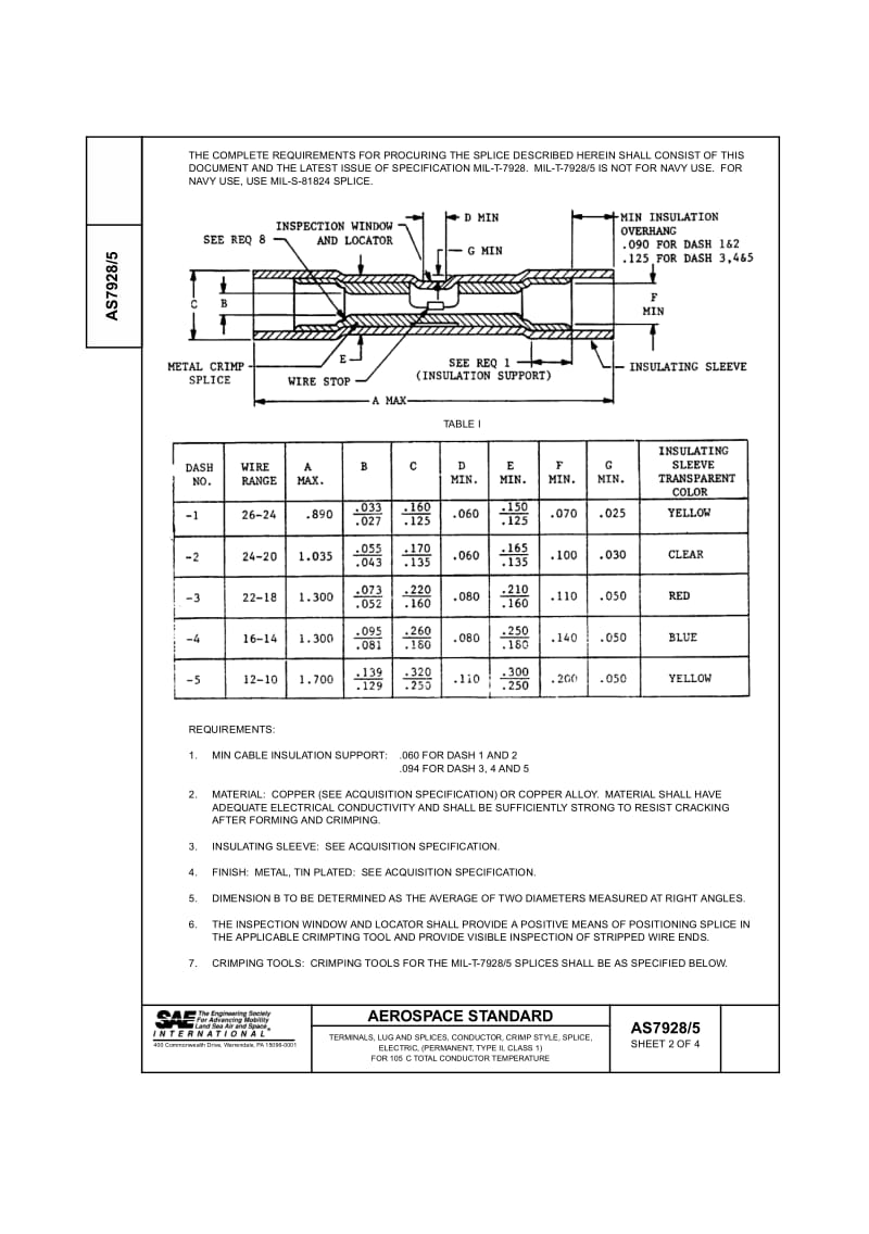SAE AS 7928-5-1999 TERMINALS, LUG AND SPLICES, CONDUCTOR, CRIMP STYLE, SPLICE,ELECTRIC, (PERMANENT, TYPE II, CLASS 1)FOR 105°C TOTAL CONDUCTOR TEMPERATURE.pdf_第3页