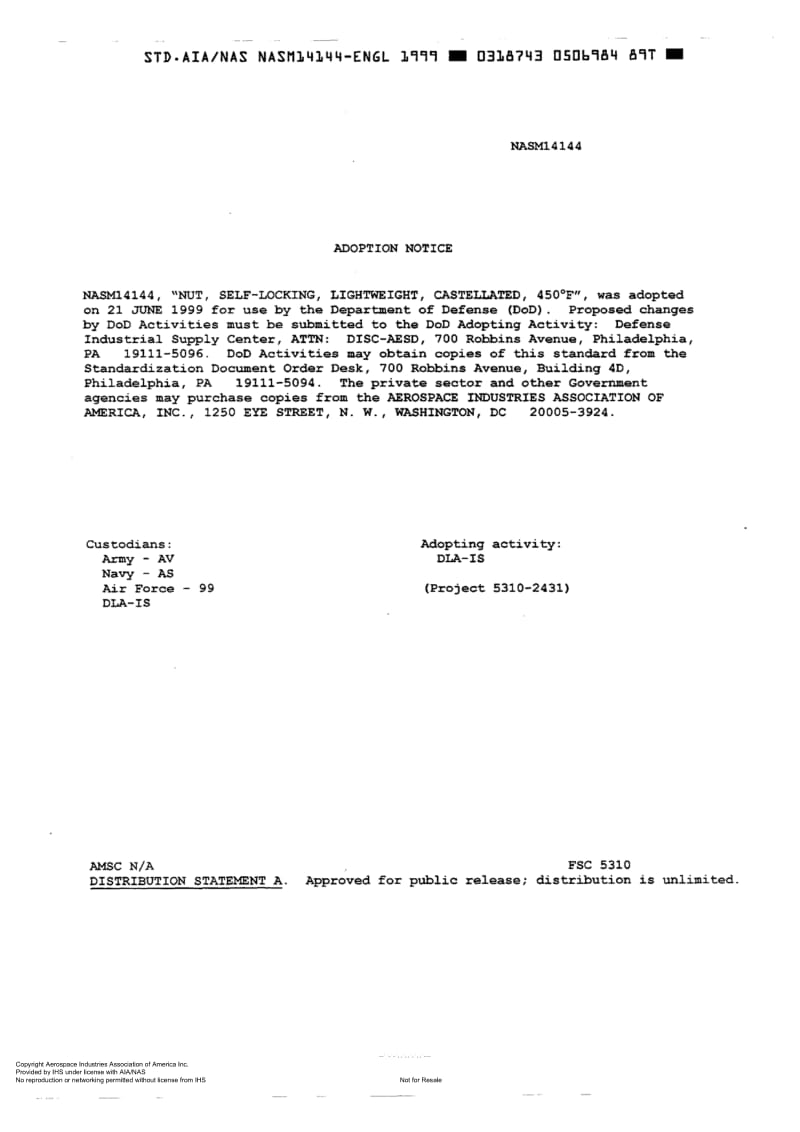 NASM 14144-1999 Nut, Self-locking, Lightweight, Castellated, 450 Degree F.pdf_第1页