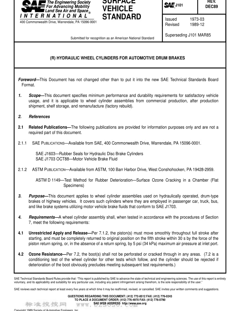 SAE J101-1989 HYDRAULIC WHEEL CYLINDERS FOR AUTOMOTIVE DRUM BRAKES.pdf_第1页