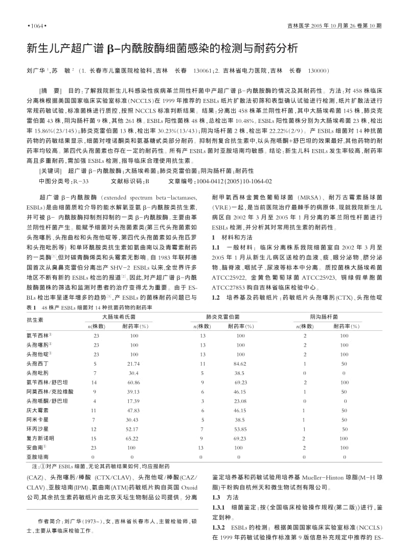 新生儿产超广谱β-内酰胺酶细菌感染的检测与耐药分析.pdf_第1页