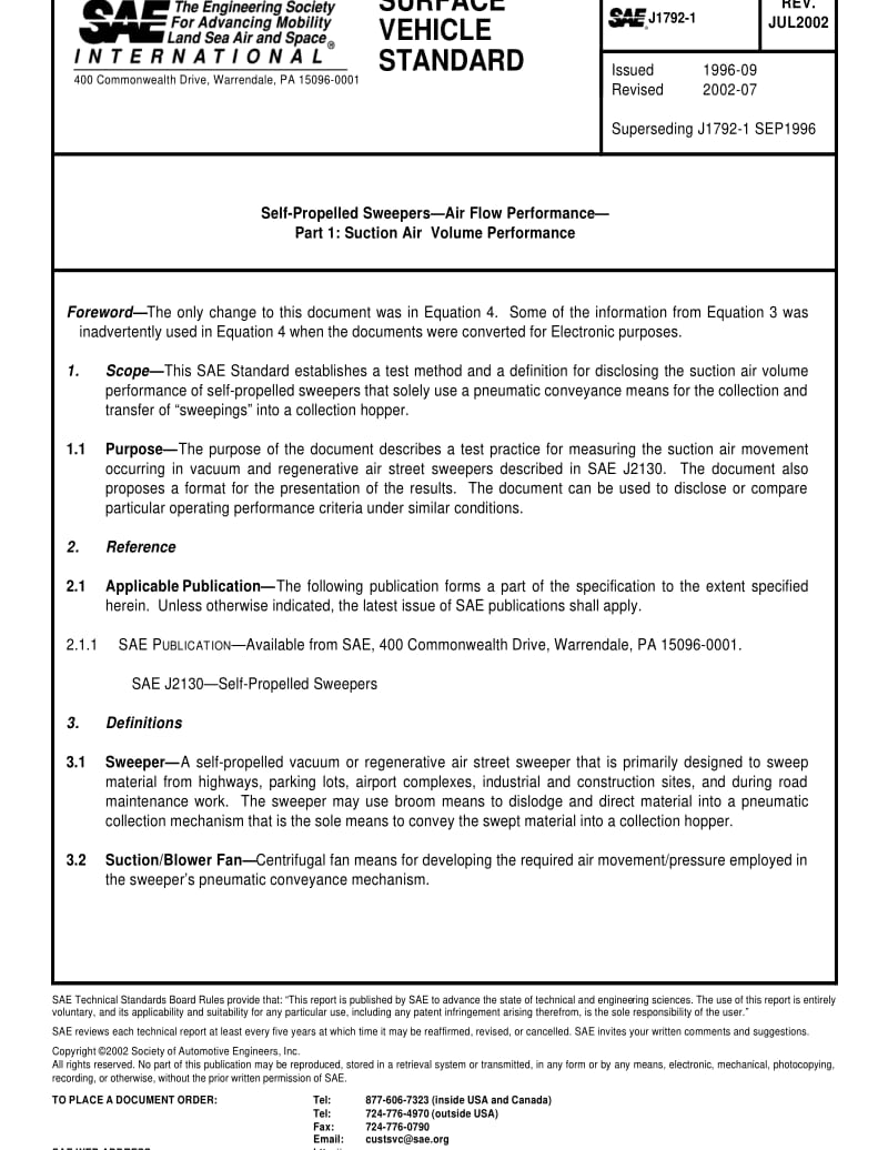 SAE J1792-1-2002 Self-Propelled Sweepers.Air Flow Performance—Part 1∶ Suction Air Volume Performance.pdf_第1页