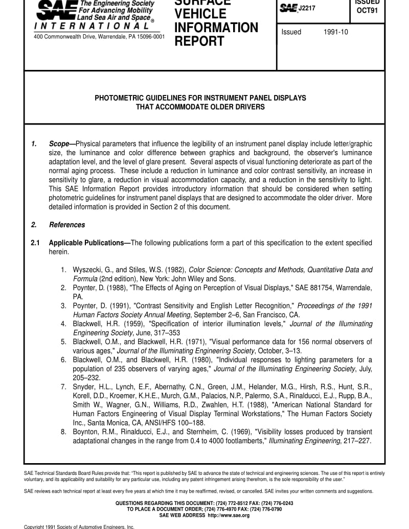 SAE J2217-1991 PHOTOMETRIC GUIDELINES FOR INSTRUMENT PANEL DISPLAYS THAT ACCOMMODATE OLDER DRIVERS.pdf_第1页