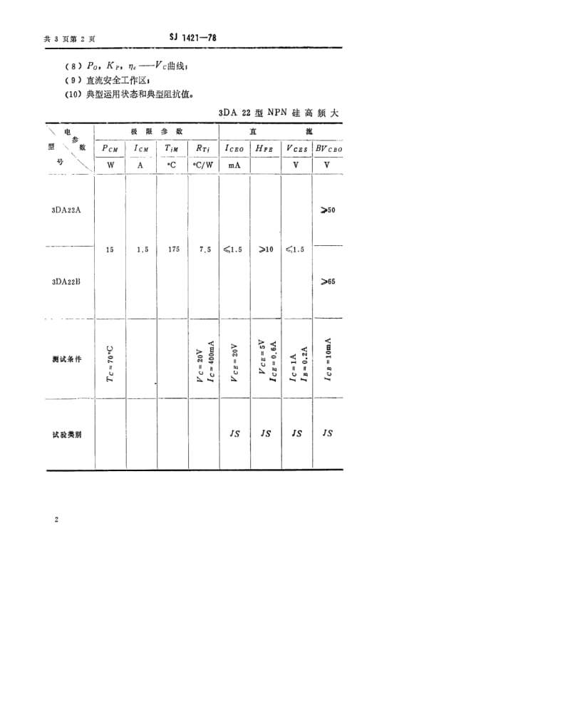 [电子标准]-SJ 1421-1978 3DA22型NPN硅高频大功率三极管.pdf_第2页