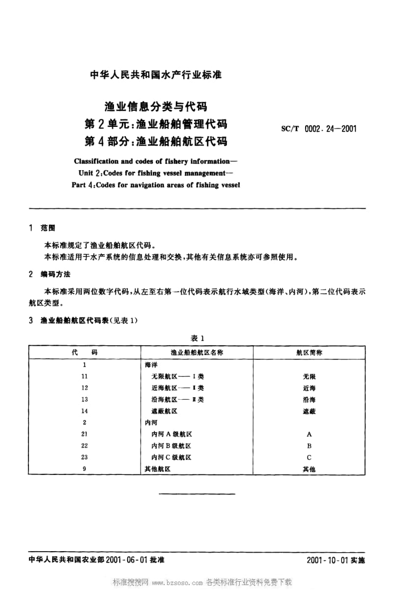 [水产标准]-SCT 0002.24-2001 渔业信息分类与代码 第2单：渔业船舶管理代码 第4部分：渔业船舶航区代码.pdf_第2页