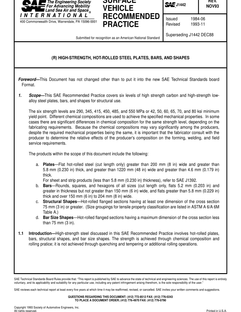 SAE J1442-1993 HIGH-STRENGTH, HOT-ROLLED STEEL PLATES, BARS, AND SHAPES.pdf_第1页