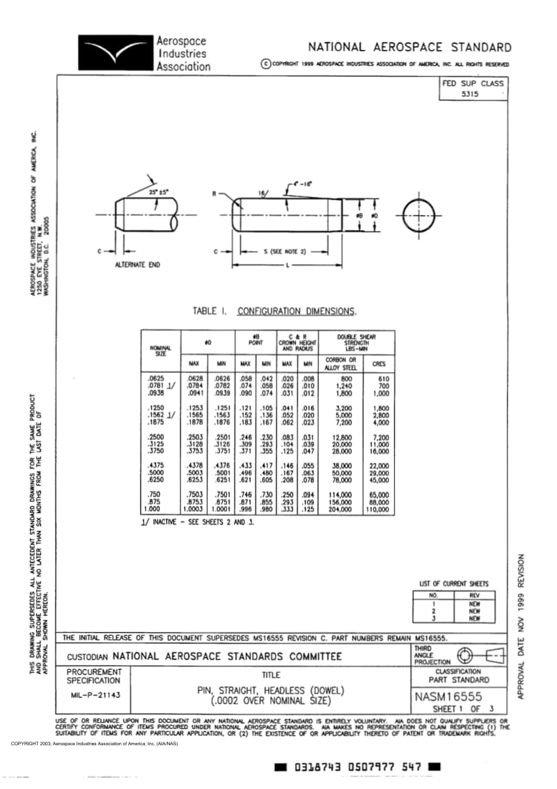 NASM 16555-1999 Pin, Straight, Headless (Dowel).pdf_第1页