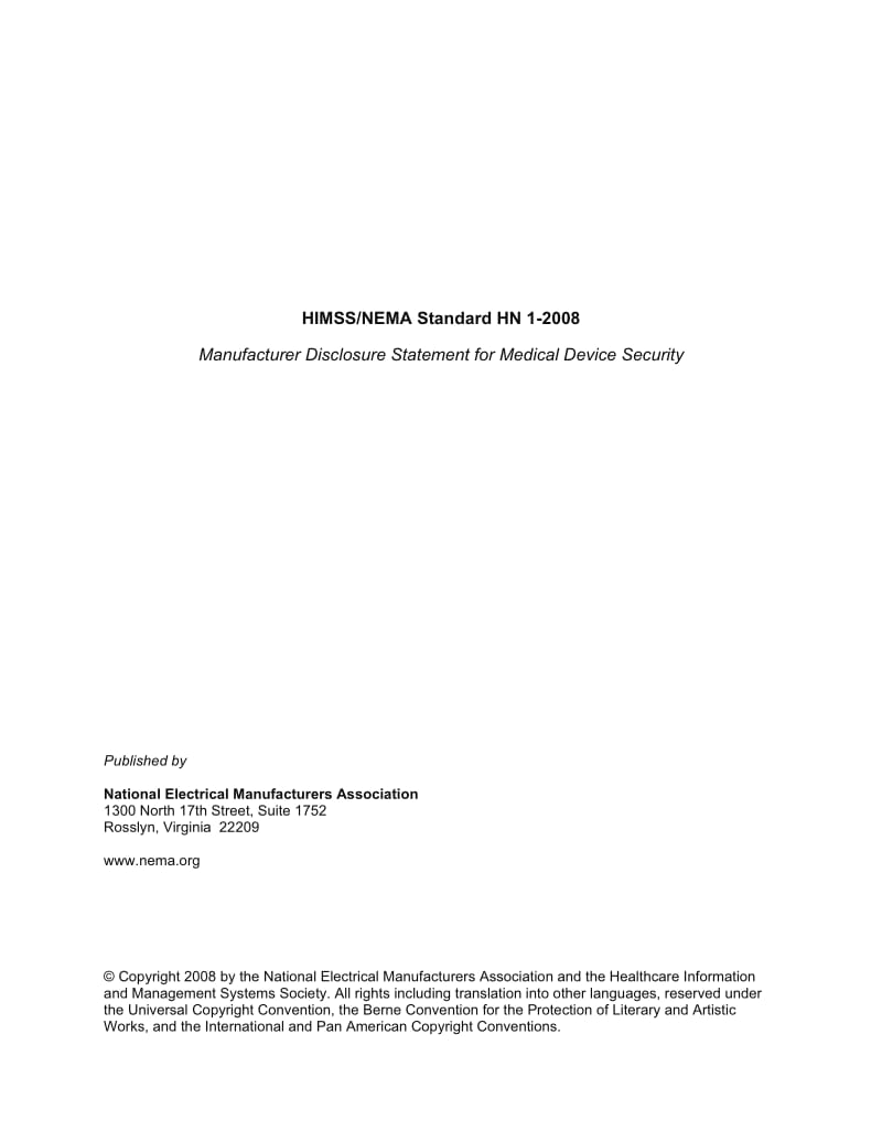 NEMA HN 1-2008 Manufacturer Disclosure Statement for Medical Device Security1.pdf_第1页