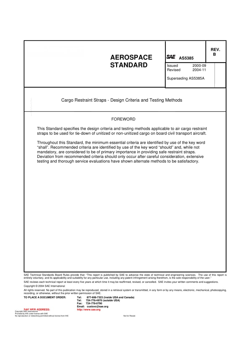 SAE AS 5385B-2004 Cargo Restraint Straps - Design Criteria and Testing Methods.pdf_第1页