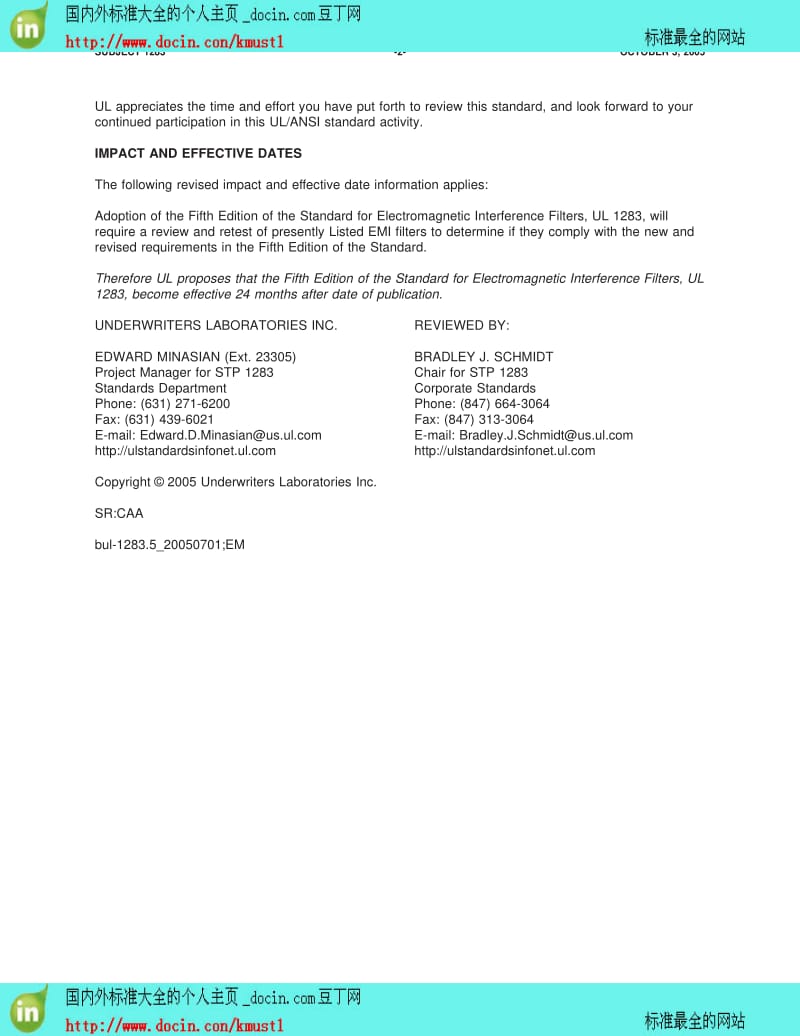 UL安全标准--UL 1283 BUL LETINS-2005 Standards Technical Panel (STP) for Electromagnetic Interference Filters, STP 1283 Subscribers to UL’s Standards Service for.pdf_第2页