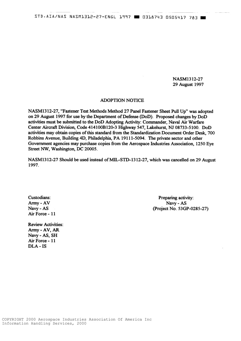 NASM 1312-27-1997 Fastener Test Methods, Method 27, Panel Fastener Sheet Pull.pdf_第1页