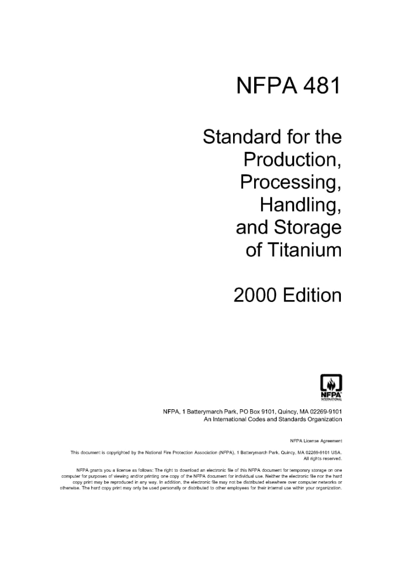 NFPA 481-2000 the Production, Processing, Handling, and Storage of Titanium.pdf_第1页