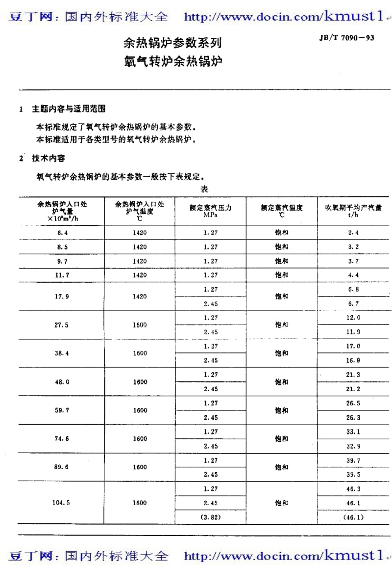 【JB机械标准大全】JB／T 7090—1993　余热锅炉参数系列 氧气转炉余热锅炉.pdf_第1页