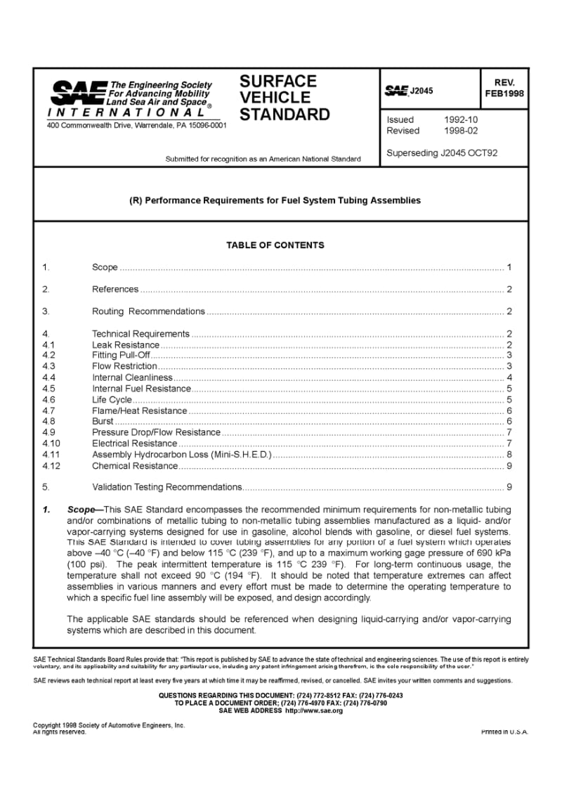SAE J2045-1998 燃油系统管路总成性能要求.pdf_第1页