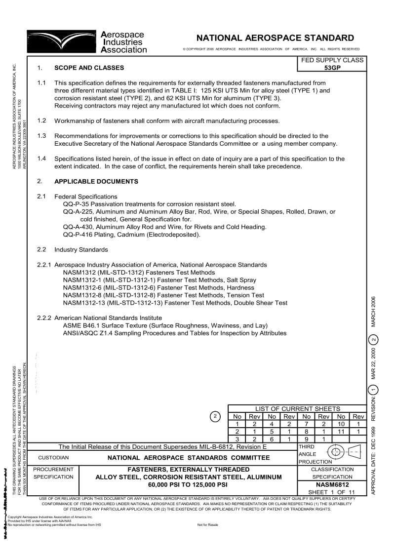 NASM 6812-2006 fasteners, externally threaded alloy steel, corrosion resistant steel, aluminum 60,000 psi to 125,000 psi.pdf_第1页