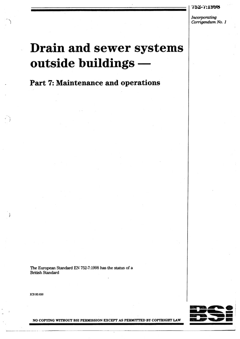 【BS英国标准】BS EN 752-7-1998 Drain and sewer systems outside buildings. Maintenance and operations.pdf_第1页