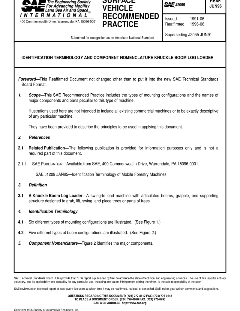 SAE J2055-1996 IDENTIFICATION TERMINOLOGY AND COMPONENT NOMENCLATURE KNUCKLE BOOM LOG LOADER.pdf_第1页