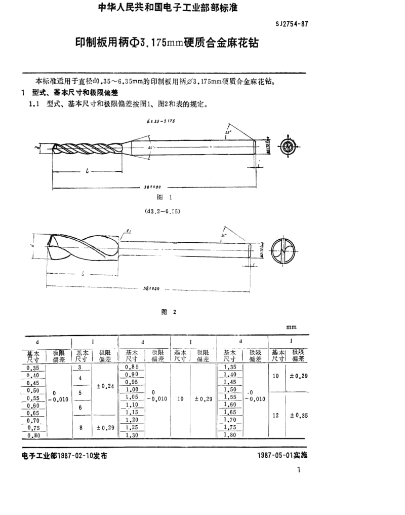 [电子标准]-SJ 2754-1987 印制板用柄φ3.175mm硬质合金麻花钻.pdf_第1页