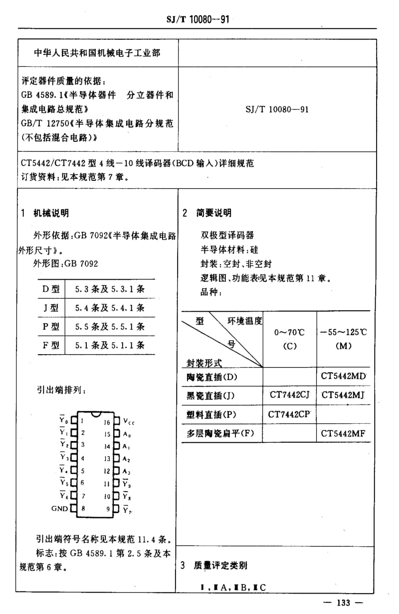 [电子标准]-SJT 10080-1991 电子元器件详细规范 半导体集成电器CT5442／CT7442型4线-10线译码器 (BCD输入)1.pdf_第3页