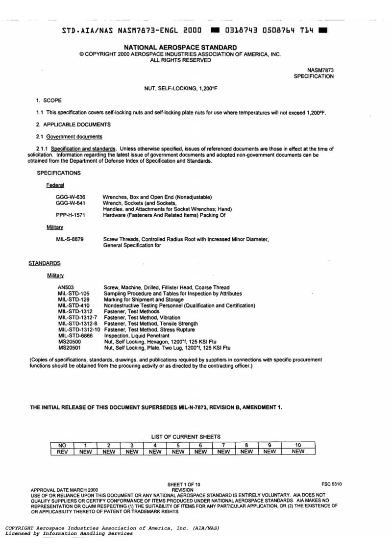 NASM 7873-2000 Nut, Self-locking, 1200 Degree F.pdf_第1页