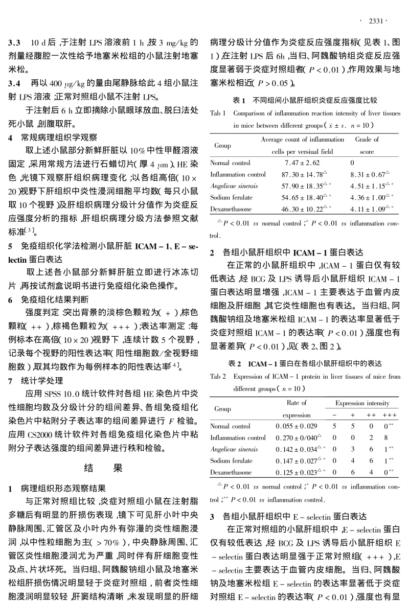 当归、阿魏酸钠对小鼠炎性肝损伤的抑制效应及其与ICAM1和ESELECTIN表达的关系研究.pdf_第2页