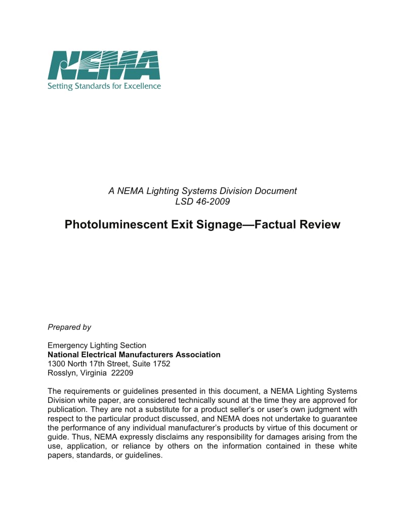 NEMA LSD 46-2009 Photoluminescent Exit Signage—Factual Review.pdf_第1页