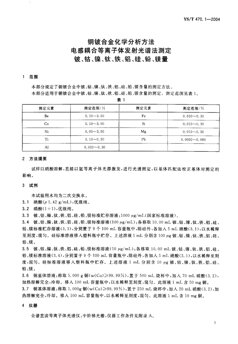 YS-T 470.1-2004 铜铍合金化学分析方法　电感偶合等离子体发射光谱法测定铍、钴、镍、钛、铁、铝、硅、铅、镁量.pdf.pdf_第3页