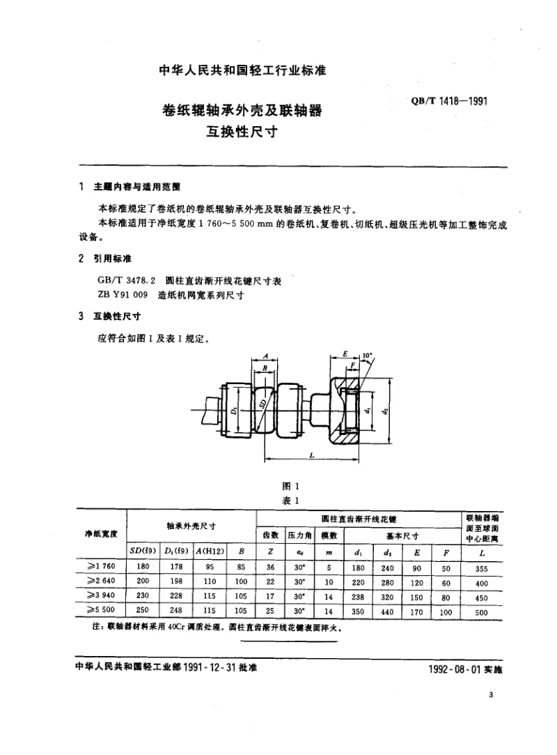 QBT 1418-1991 卷纸辊轴承处壳及联轴器互换性尺寸.pdf_第1页