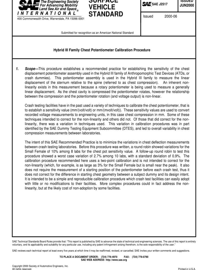 SAE J2517-2000 Hybrid III Family Chest Potentiometer Calibration Procedure.pdf_第1页