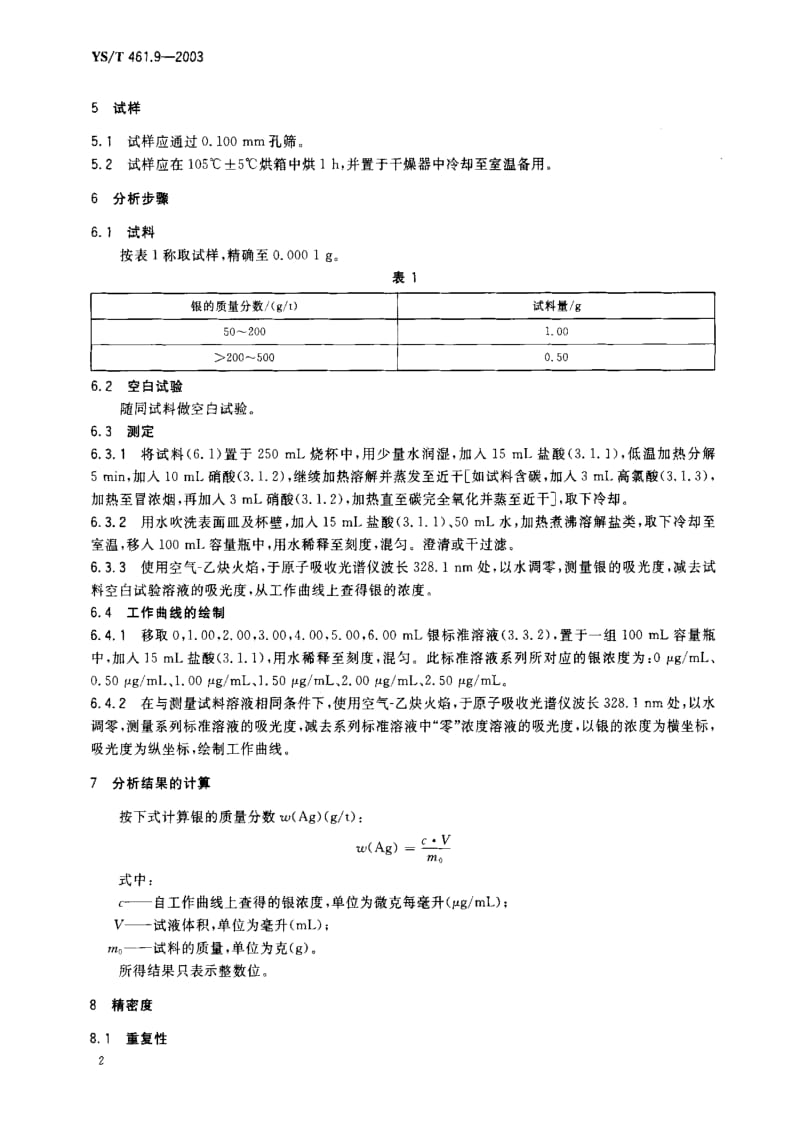 [有色冶金标准]-YST 461.9-2003 混合铅锌精矿化学分析方法 银量的测定 火焰原子吸收光谱法.pdf_第3页