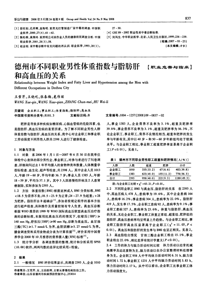 德州市不同职业男性体重指数与脂肪肝和高血压的关系.pdf_第1页