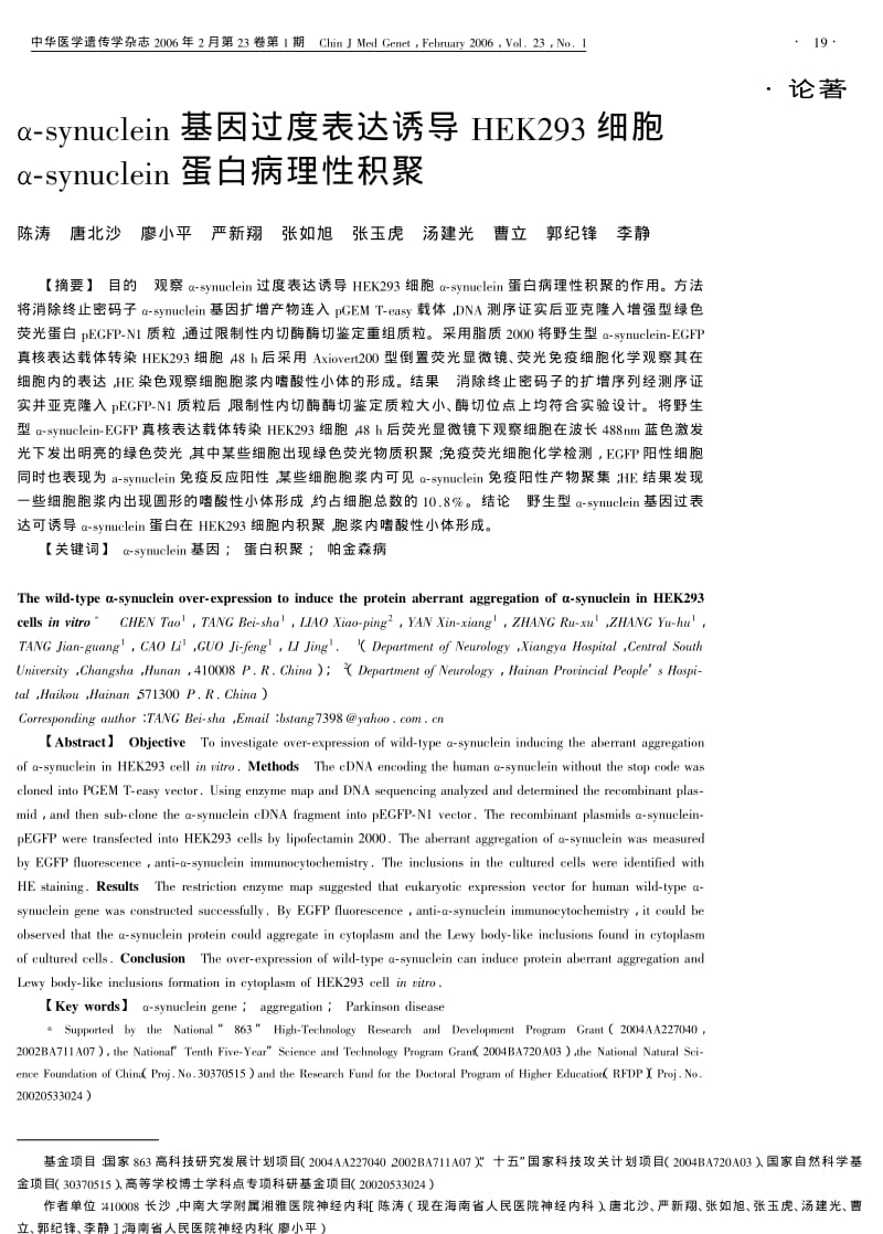 αSYNUCLEIN基因过度表达诱导HEK293细胞αSYNUCLEIN蛋白病理性积聚.pdf_第1页