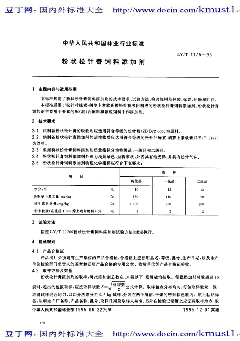 【LY林业标准大全】lyt 1175-1995 粉状松针膏饲料添加剂.pdf_第1页