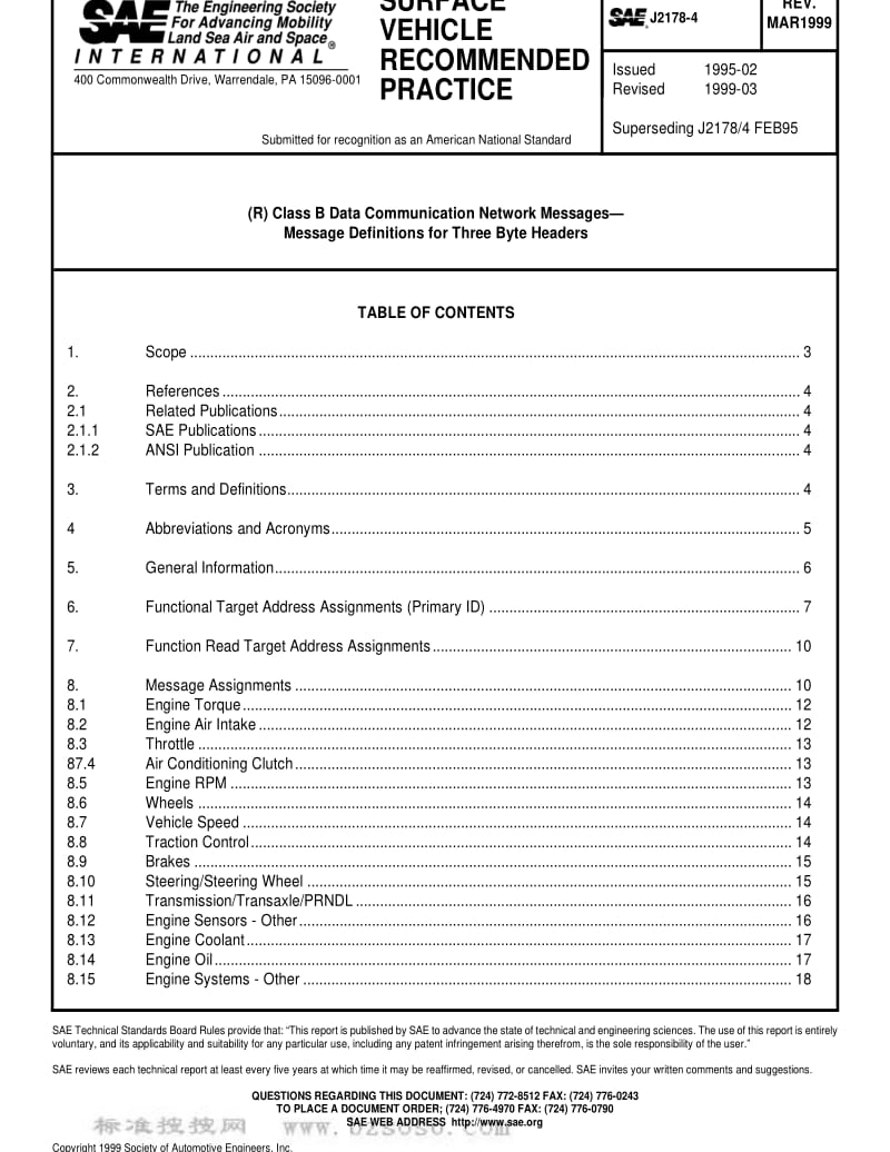 SAE J2178-4-1999 Class B Data Communication Network Messages--Part 4 Message Definitions for Three Byte Headers.pdf_第1页